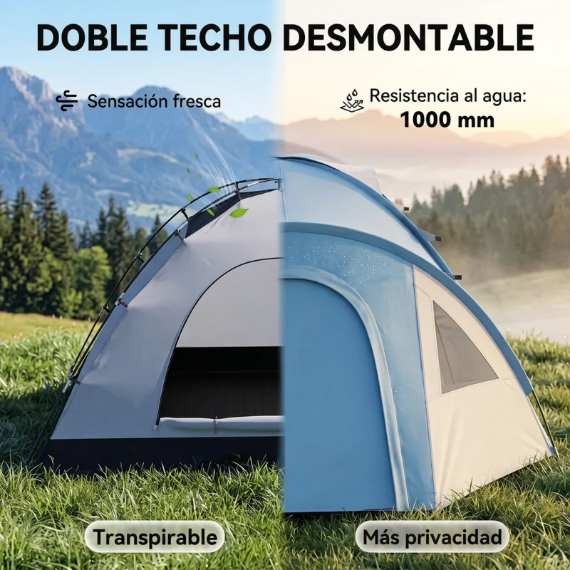 Outsunny Tienda de Campaña para 3 Personas con Ventanas 2 Bolsillos y Bolsa de Transporte 250x300x130 cm Gris y Azul