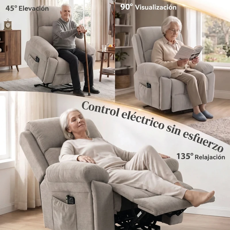 HOMCOM Sillón Relax Reclinable Eléctrico Levanta Personas Masaje Vibratorio y Calor Asiento Muelles Mando Portavasos Bolsillos