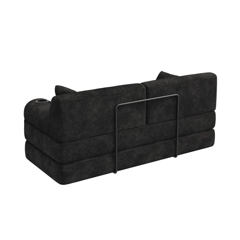 Doppeltes komprimiertes Cordsofa, Metallrahmen, 2 Becherhalter und 4 Seitentaschen, 168L x 80B x 81H cm, Schwarz