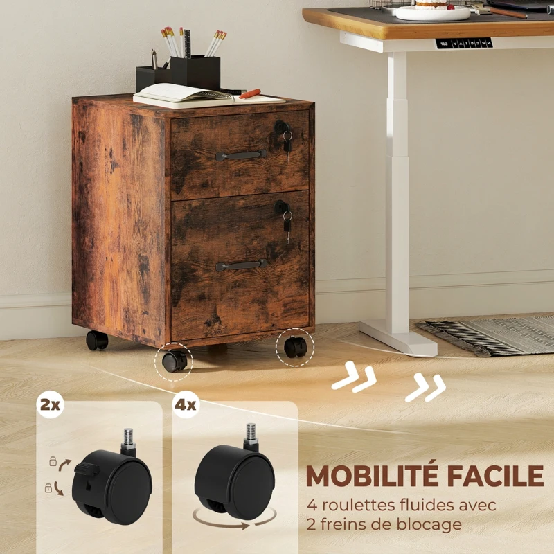 HOMCOM Caisson bureau mobile à 2 tiroirs, meuble rangement bureau sur roulettes pour documents suspendus format lettre, marron