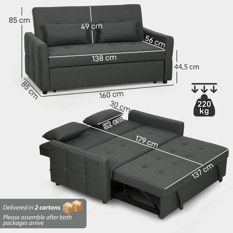 HOMCOM 2-Sitzer-Schlafsofa, 3-in-1 Ausziehsofa mit verstellbarer Rückenlehne, breiter Sitzfläche, Dunkelgrau