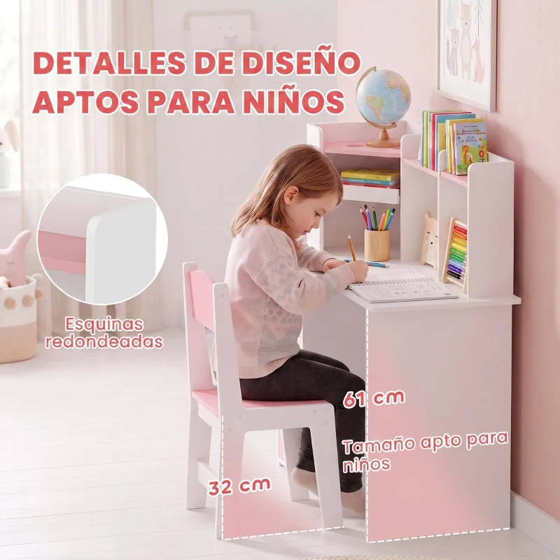 AIYAPLAY Escritorio Infantil con Silla Soporte Ajustable para Tablet Portalápices Tablero de Corcho Estantes Armarios Rosa