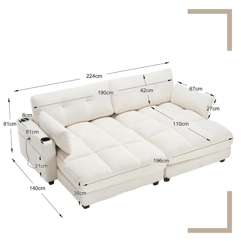 Das schwarze Cord-Doppelsofa verfügt über 2 Kissen, 4 Becherhalter und 4 Seitentaschen, kann in zwei unabhängige Sitze geteilt werden, 224L x 140B x 81H cm , Beige