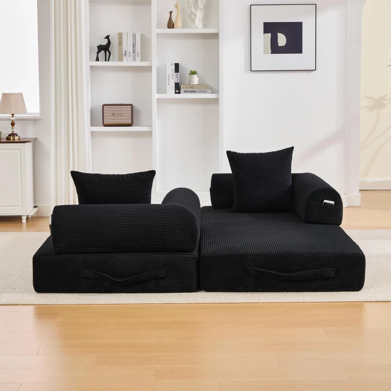 Faltbares Kompressionssofa mit stabilem Metallrahmen, Seitentaschen plus 3 Kissen, 200L x 94B x 67H cm,Schwarz