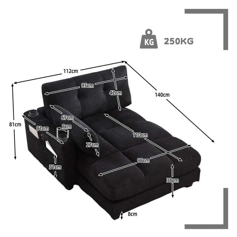 Palm-Sessel mit austauschbaren linken und rechten Armlehnen, drei Becherhaltern und einer Seitentasche, USB-Anschlüssen an den Seitenlehnen, 140L x 112B x 81H,Schwarz