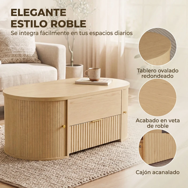 HOMCOM Mesa de Centro Elevable con Almacenaje Compartimento Oculto Cajón Acanalado y Puertas Correderas Tipo Persiana Roble