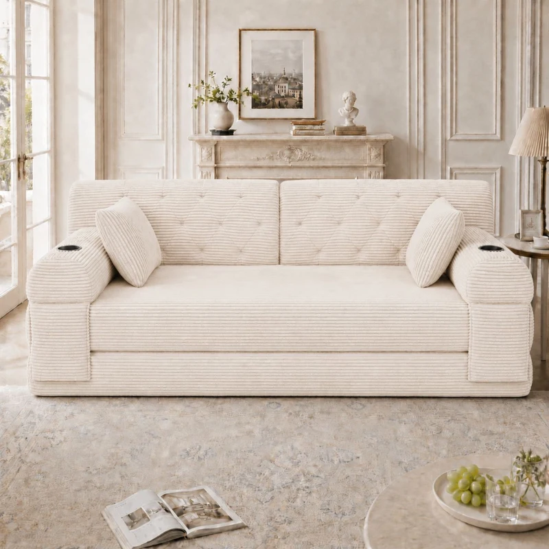 Doppeltes komprimiertes Cordsofa, Metallrahmen, 2 Becherhalter und 4 Seitentaschen, 168L x 80B x 81H cm, Beige