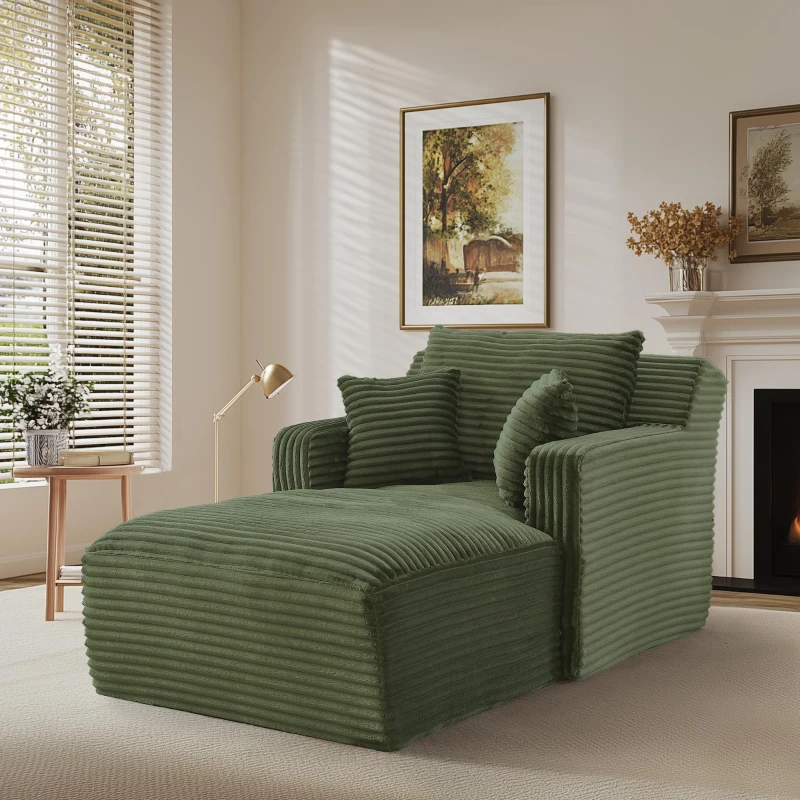 Moderner Cord-Loungesessel, bequemes Schlafsofa/Liegestuhl, geeignet für Wohnzimmer und Büro, 100L x 166B x 72H cm,Grün