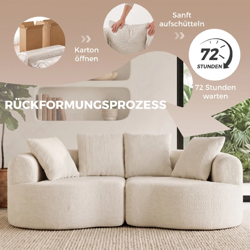 HOMCOM Sofa 3 Sitzer 207 cm Cloud Sofa mit Chenille-Optik, 4 Wurfkissen für Schlafzimmer, Werkzeugfreie Montage, Cremeweiß