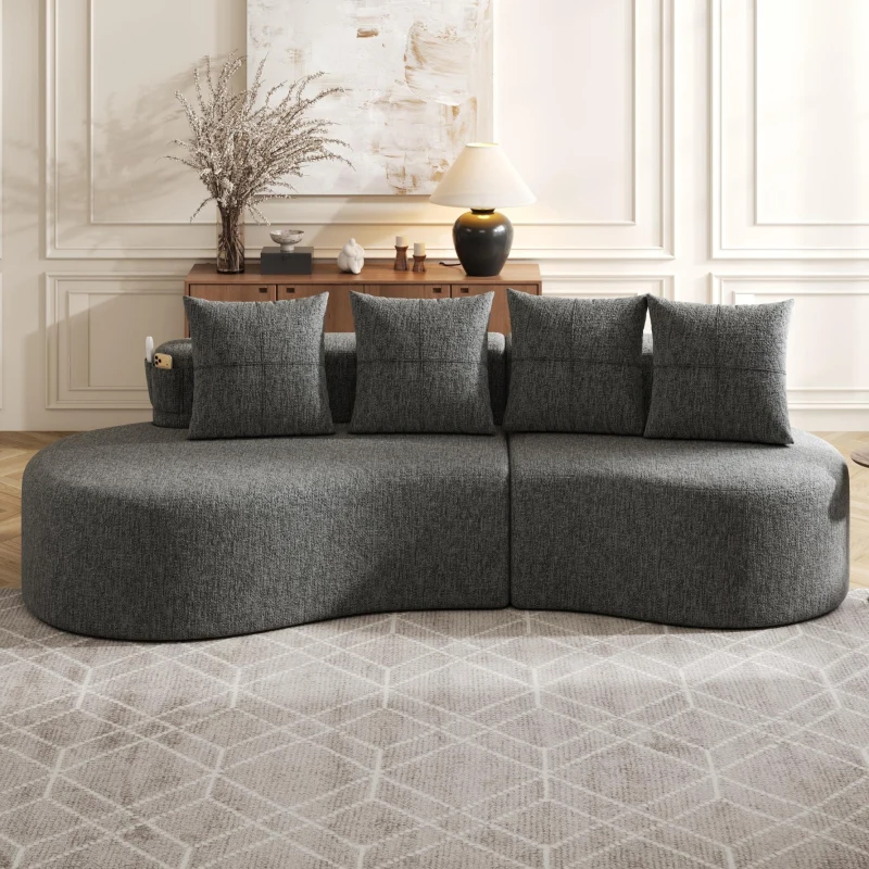 Leinensofa mit 4 Kissen, darunter Getränkehalter und Seitentaschen, 240L x 109B x 63H cm, Dunkelgrau