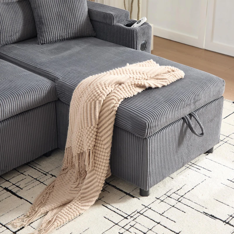 Modernes Cordsofa für drei Personen, mit Stauraum, Getränkehalter und USB-C-Anschluss, 212,5L x 136B x 86H cm, Carbongrau