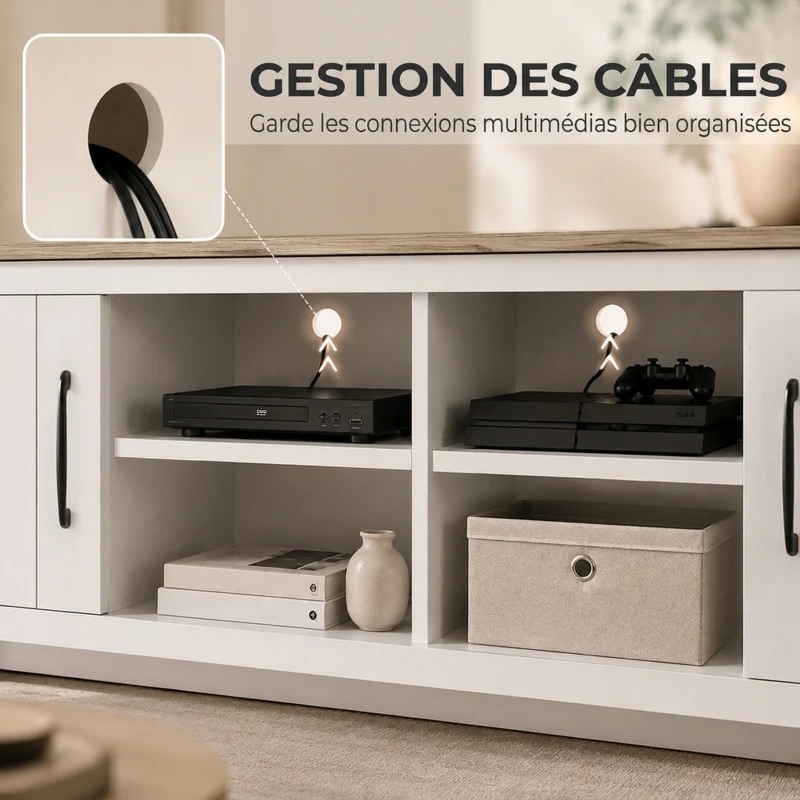 HOMCOM Meuble TV 175 cm, Meuble Télé pour Téléviseur jusqu'à 55 Pouces avec 2 Portes et 4 Compartiments Ouverts, Chêne et Blanc