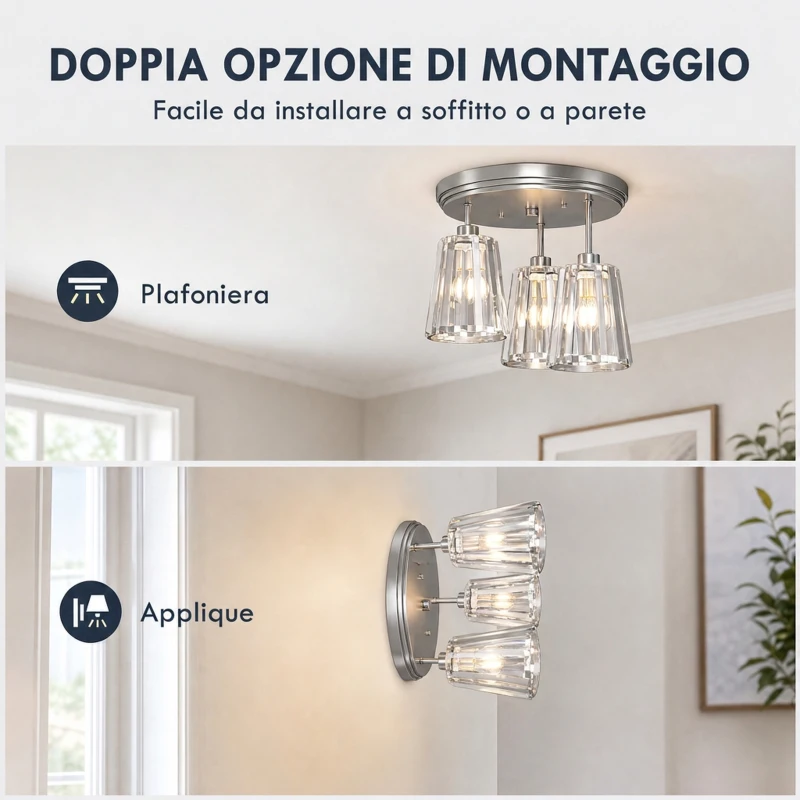 HOMCOM Plafoniera LED da Soffitto in Vetro Cristallo con 3 Luci, Attacchi E27, Senza Lampadina, Argento