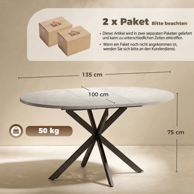 HOMCOM Uitschuifbare eettafel voor 4-6 personen, keukentafel in industriële look met stalen spinpoot, grijs