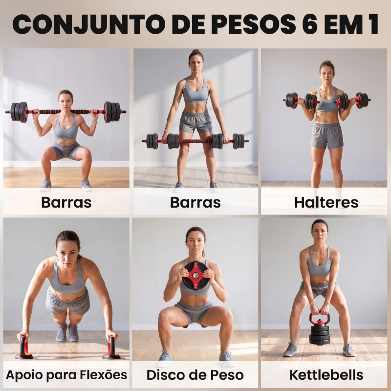 SPORTNOW Conjunto de Halteres Ajustáveis 20 kg 5 em 1 com Kettlebell, Barra, Halteres e Suportes para Flexões para Ginásio em Casa