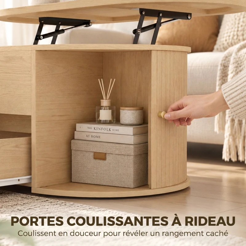 HOMCOM Table Basse Relevable Ovale, Compartiment Caché, Tiroir Cannelé, Portes Coulissantes et Placards, 100x50x40cm, Chêne