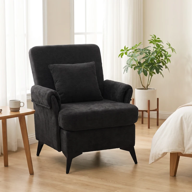 HOMCOM Sillón Relax Sofá Individual en Chenilla Butaca de Salón Moderna Asiento Ancho y Cojín Grueso Cojín Lumbar Negro
