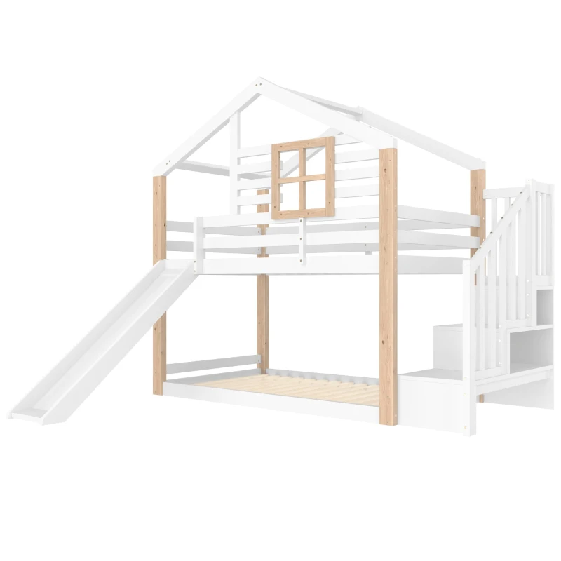 Kinderbett mit Rutsche und Treppe, ausgestattet mit Handläufen und Stauraum, 252L x 96B x 206H cm, Weiß