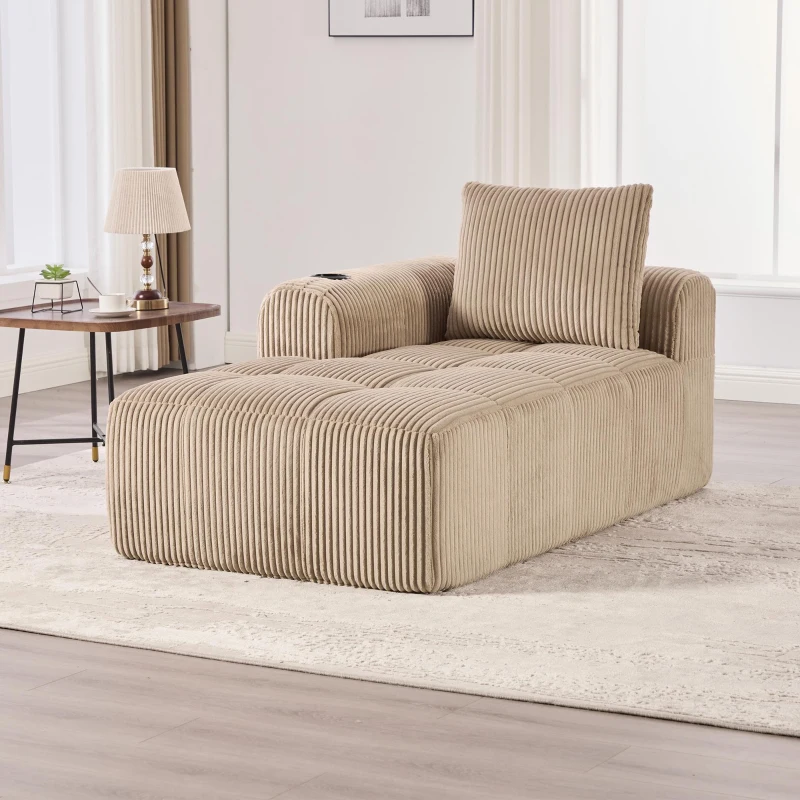 Bequemes Cordsofa mit Rückenlehne, seitlichen Aufbewahrungstaschen für Fernbedienung und Handy, eingebauter Getränkehalter, 158X93X61 cm,, Khaki