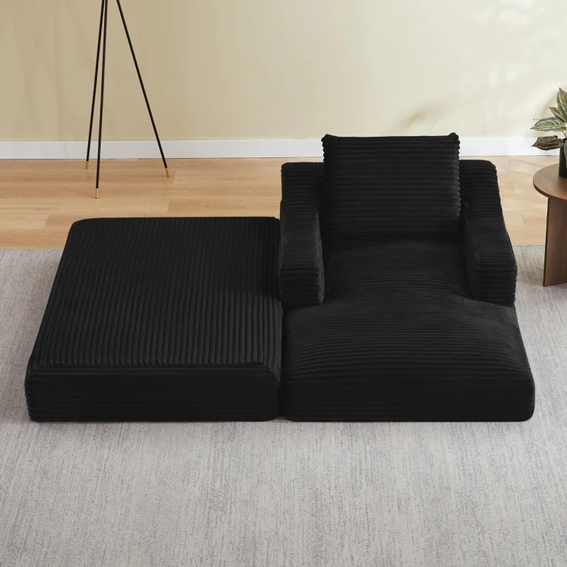 Knochenloses Cord-Freizeitsofa, doppellagiges Design, kann in ein Bett gefaltet werden, 100L x 160B x 64H cm, Schwarz