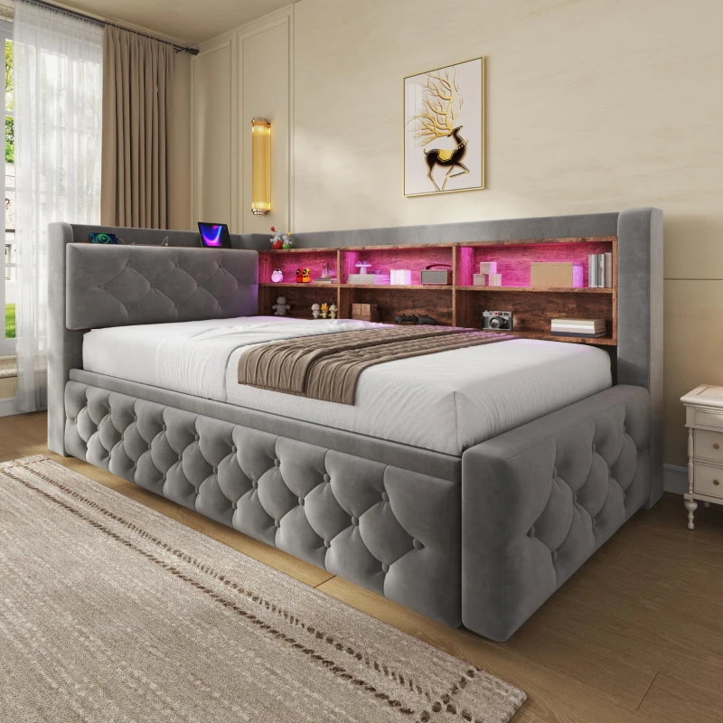 Bettgestell einziehbares Samtsofa 90x190 cm, mit Stauraum, LED-Licht, USB und Typ-C, 211 × ( 91~181) × 84 cm,Dunkelgrau