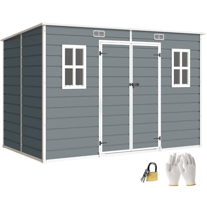 Outsunny 10 x 6 ft Resin Garden Shed, Outdoor Storage Shed with Floor, Windows, Lockable Doors and Vents, Grey