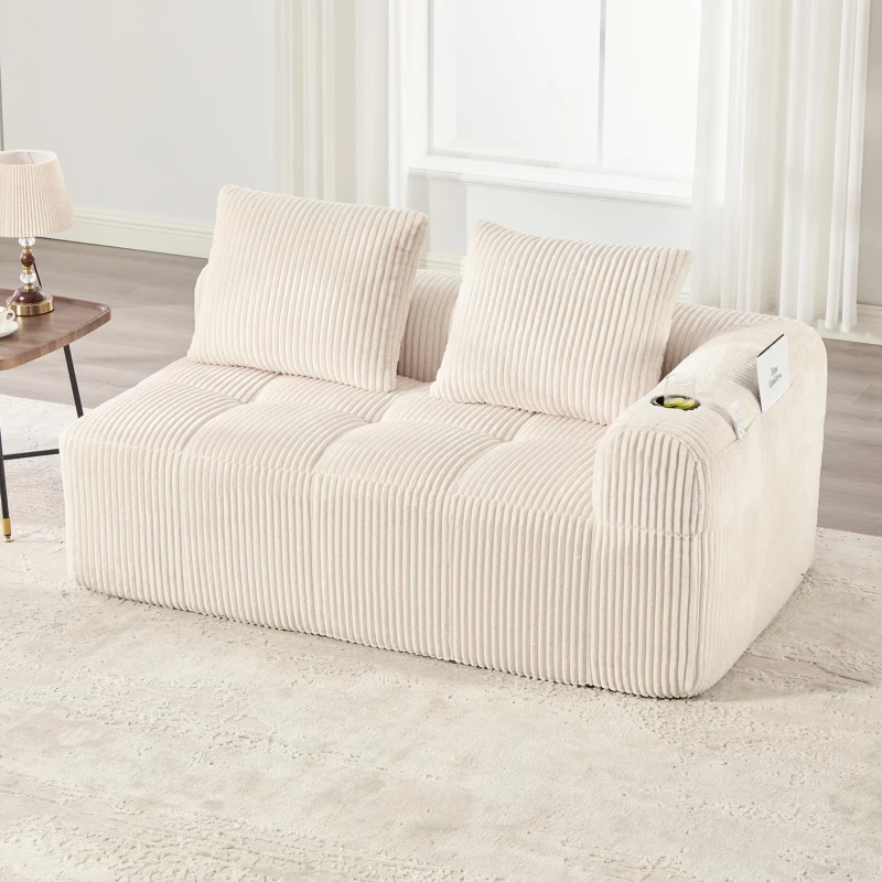 Bequemes Cordsofa mit zwei Sitzern, seitliche Aufbewahrungstasche für Fernbedienung und Handy, eingebauter Getränkehalter, 158X93X61 cm, Beige