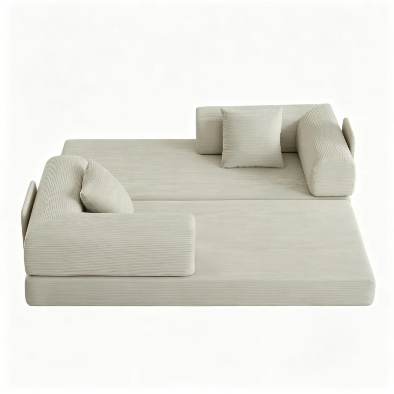 Knochenloses modulares Sofa, umbaubar in ein Bett, umfasst 2 Polster und einen Stahlrahmen, 204L x 97B x 65H cm, Beige