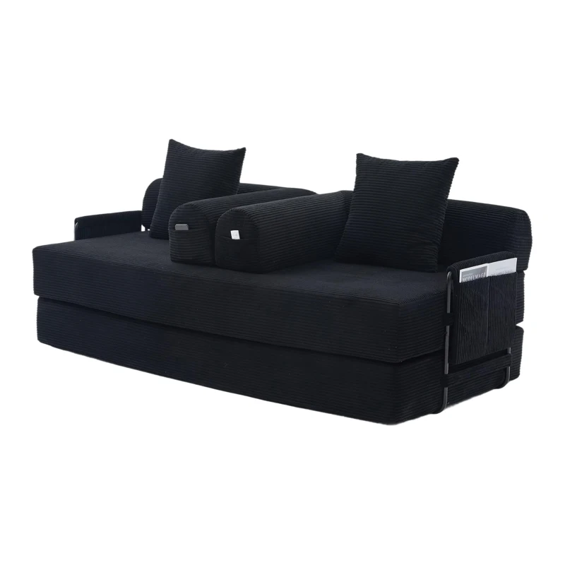 Faltbares Kompressionssofa mit stabilem Metallrahmen, Seitentaschen plus 3 Kissen, 200L x 94B x 67H cm,Schwarz