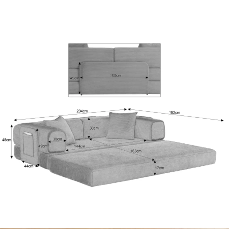 Knochenloses modulares Sofa, umbaubar in ein Bett, umfasst 2 Polster und einen Stahlrahmen, 204L x 97B x 65H cm, Beige
