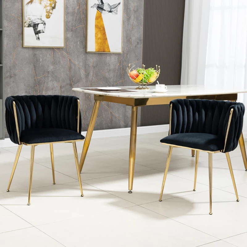 Samt-Esssessel mit goldenen Metallbeinen, elegantes handgewebtes Design, 55,5x41x74 cm, Schwarz