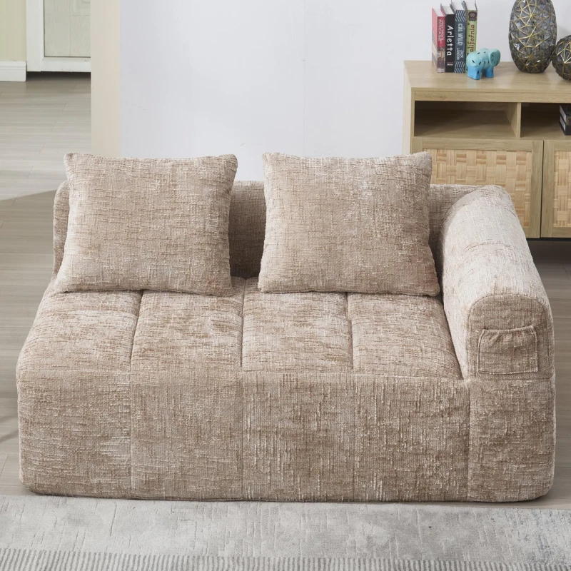 Bequemes Doppelsofa mit Kissen, Seitentaschen für Fernbedienung und Handy, 158X90X60 cm, Khaki
