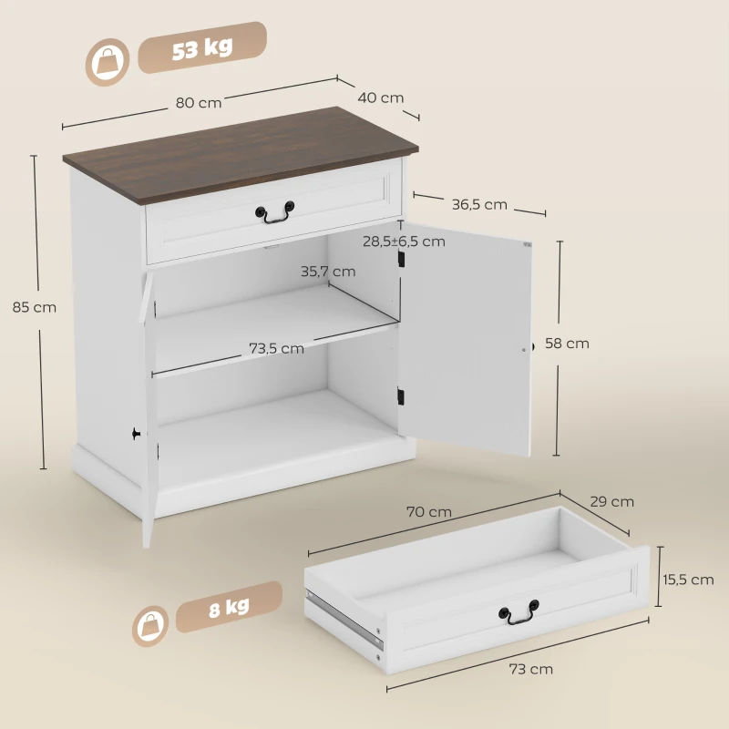 HOMCOM Aparador para sala, móvel de arrumação com 2 portas, gaveta silenciosa, prateleira ajustável, 80x40x85cm, branco e castanho