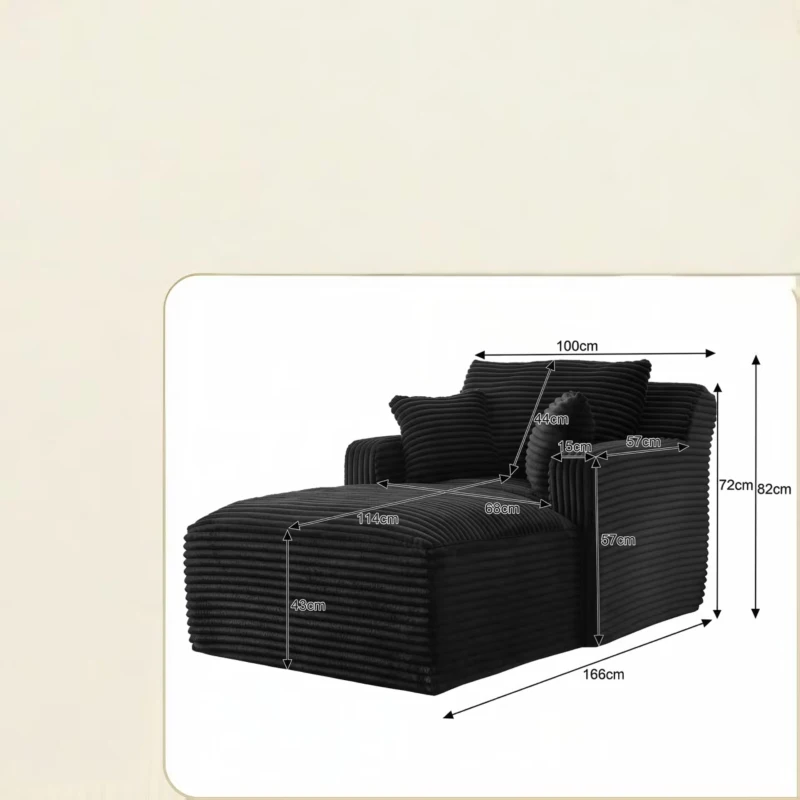 Moderner Cord-Loungesessel, bequemes Schlafsofa/Liegestuhl, geeignet für Wohnzimmer und Büro, 100L x 166B x 72H cm,Schwarz