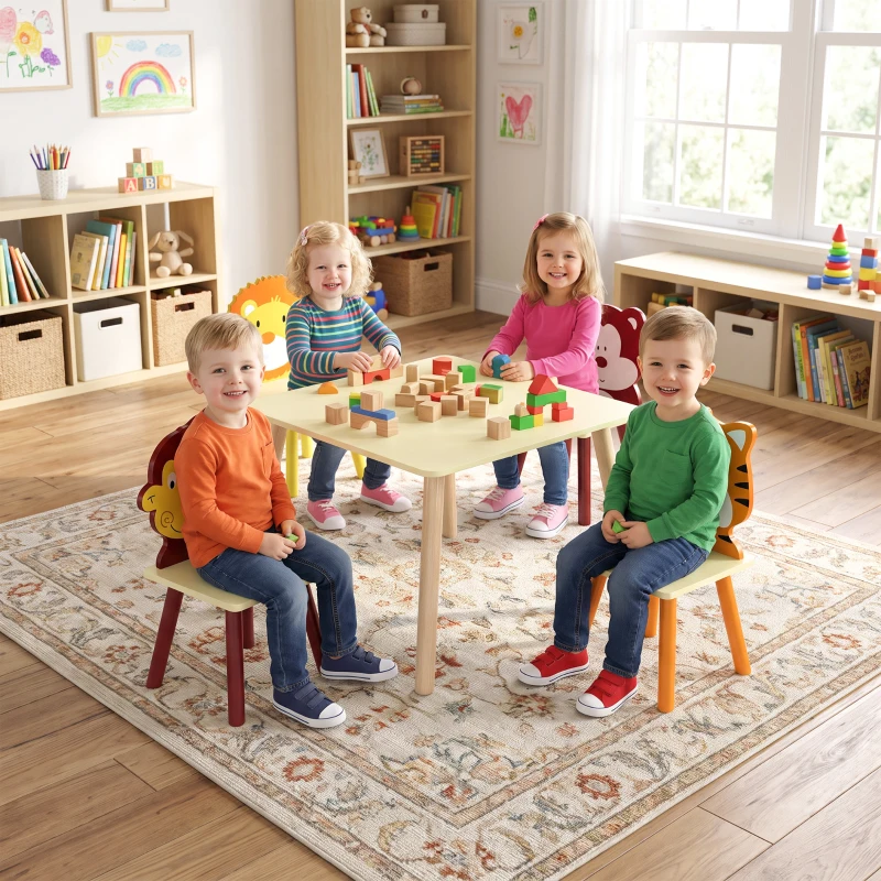 AIYAPLAY Ensembl Table pour Enfant avec 4 Chaises 5 Pièces en Bois, Dossier en Forme Animale, Coins Arrondis, 3-8 Ans, Jaune