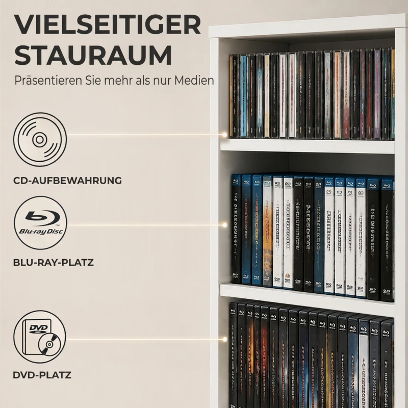 HOMCOM CD-/DVD-Regal, 9 Ebenen, schmales Standregal mit 6 verstellbaren Böden, für 260 CDs, Weiß