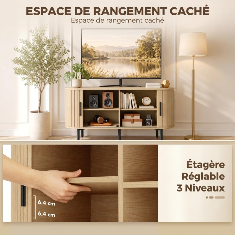 HOMCOM Meuble TV 106 cm, Meuble Télé pour 50 Pouces, 2 Portes Coulissantes à Tambour 4 Compartiments Étagères Réglables, Chêne