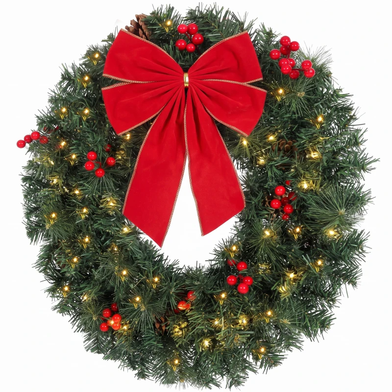 HOMCOM Coroniță de Crăciun de 60 cm cu Lumini LED, Conuri de Brad și Bobițe, Verde