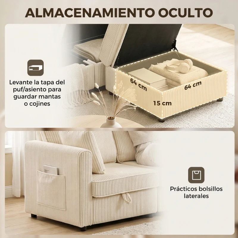 HOMCOM Sofá Chaise Longue de 3 Plazas con Almacenaje y Otomana Reversible de Pana 235x153x85 cm Blanco Crema