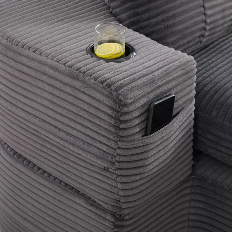 2-in-1 Cordsofa mit verstellbarer Funktion, 2 Getränkehaltern, hohe Rückenlehne und extra tiefe Sitzfläche, 165L x 97B x 61H cm,Dunkelgrau