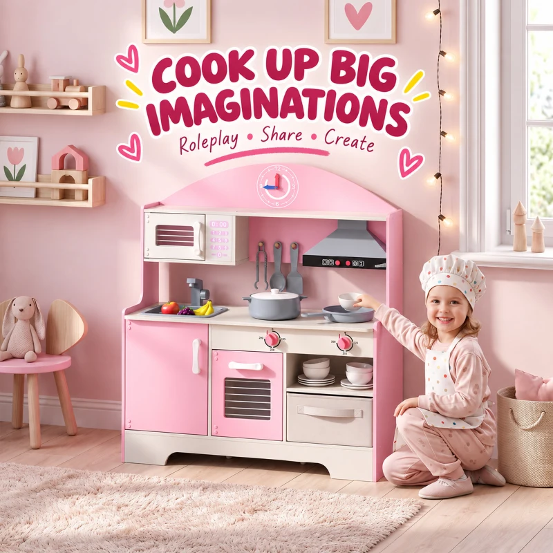 AIYAPLAY Cuisine Enfant avec Lumières et Sons, Cuisine de Jeu avec Tiroir en Tissu et 5 Accessoires, pour Enfants 3-6 Ans, Rose
