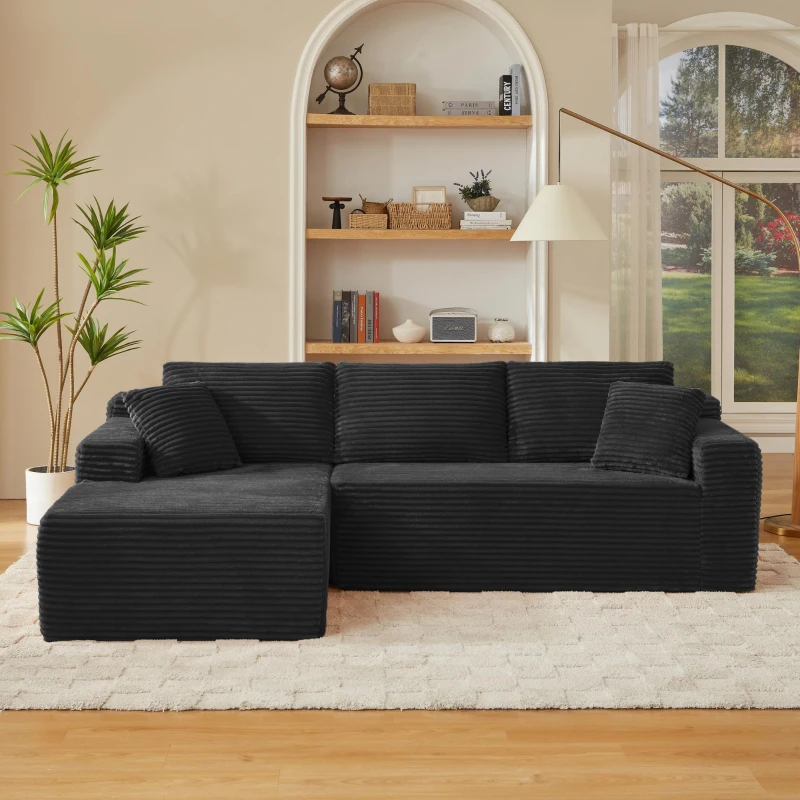 Moduläres L-förmiges 3-Sitzer-Sofa, gefertigt aus atmungsaktivem Stoff und hochwiderstandsfähigem Memory-Schaumstoff, mit abnehmbarer Rückenlehne und Nackenkissen, Maße 252,5L x 163B x 65H cm, Schwarz