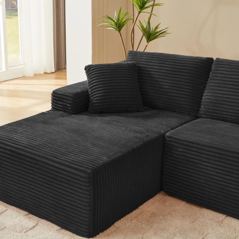 Moduläres L-förmiges 3-Sitzer-Sofa, gefertigt aus atmungsaktivem Stoff und hochwiderstandsfähigem Memory-Schaumstoff, mit abnehmbarer Rückenlehne und Nackenkissen, Maße 252,5L x 163B x 65H cm, Schwarz