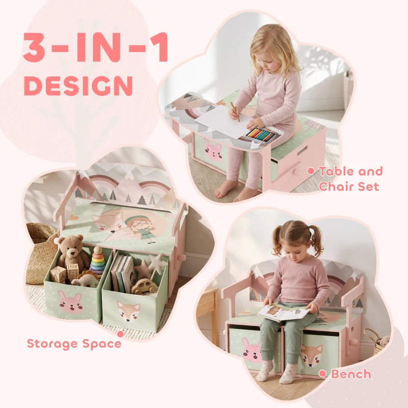 AIYAPLAY Kids Table and Chair Set, 3 in 1 Wooden Toy Box with 2 Fabric Drawers for Bedroom, Playroom, Gift for Boys Girls, Pink