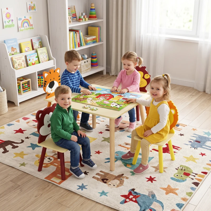 AIYAPLAY Mesa Infantil con 4 Sillas con Diseños de Animales Juego de Madera 5 Piezas para Niños y Niñas 3-8 Años Amarillo