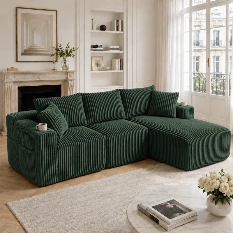 Modulares Sofaset mit Liegestühlen und Doppelbetten, 5 Kissen und 2 Getränkehaltern，257X160X62 cm, Smaragdgrün