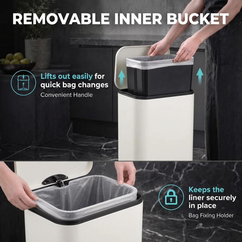 HOMCOM 20 L Kitchen Pedal Bin, Metal Rubbish Bin with Removable Inner Bucket, Soft-Close & Stay-Open Lid, Cream White