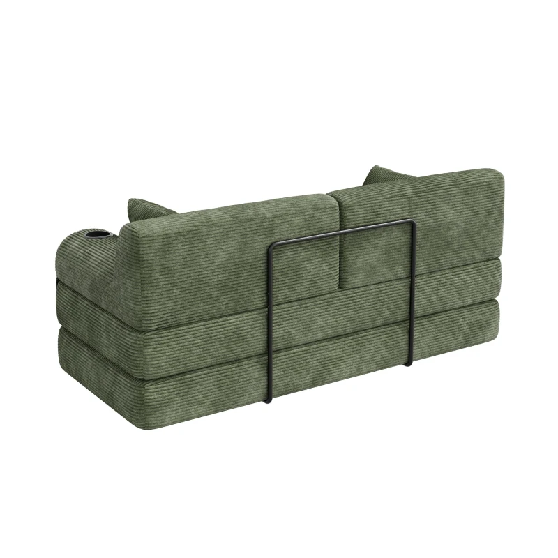 Doppeltes komprimiertes Cordsofa, Metallrahmen, 2 Becherhalter und 4 Seitentaschen, 168L x 80B x 81H cm,Grün