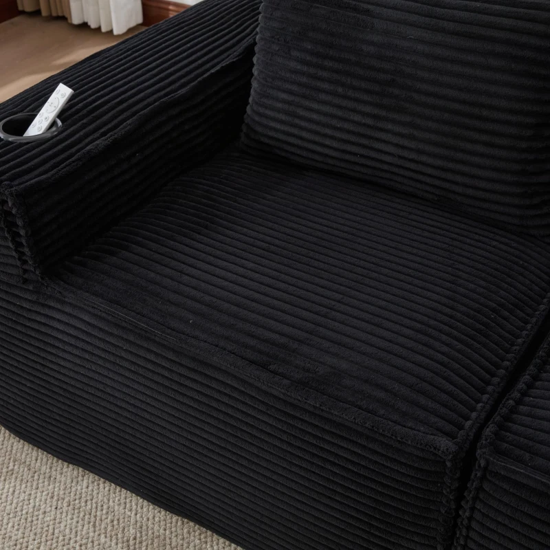Modulares Doppelsitz-Cordsofa mit Becherhaltern und Seitentaschen, Federkern und hochdichtem Schaumstoff, 188L x 90B x 75H cm, Schwarz