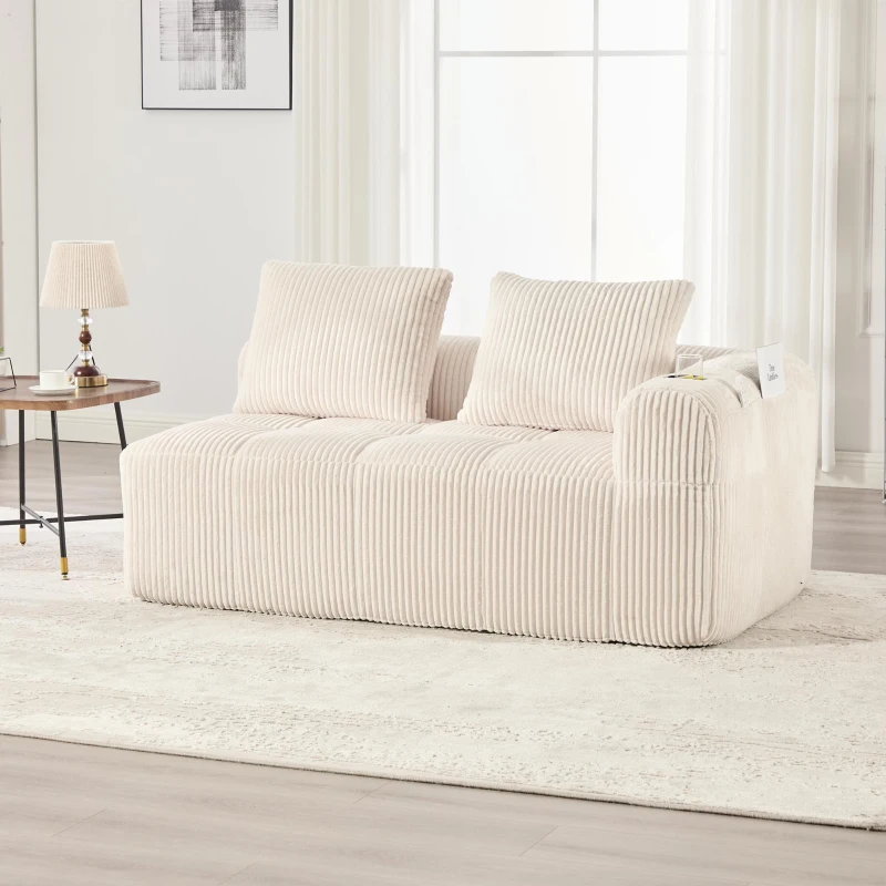 Bequemes Cordsofa mit zwei Sitzern, seitliche Aufbewahrungstasche für Fernbedienung und Handy, eingebauter Getränkehalter, 158X93X61 cm, Beige